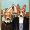 american gothic painting of two corgis