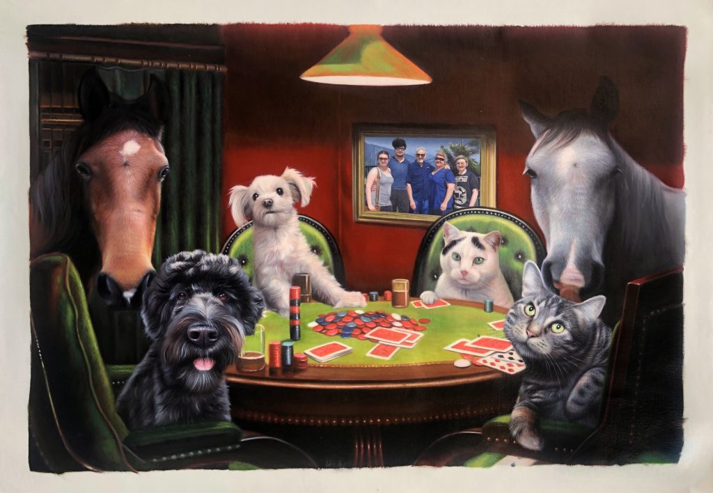 horses, dogs, and cats playing cards together