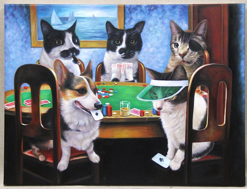 dog and 4 cats playing poker