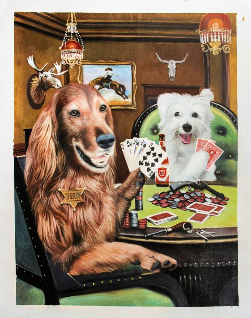 two poker playing dogs in old west saloon
