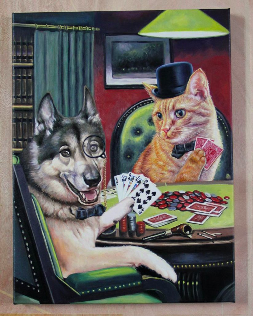 dog and cat playing cards