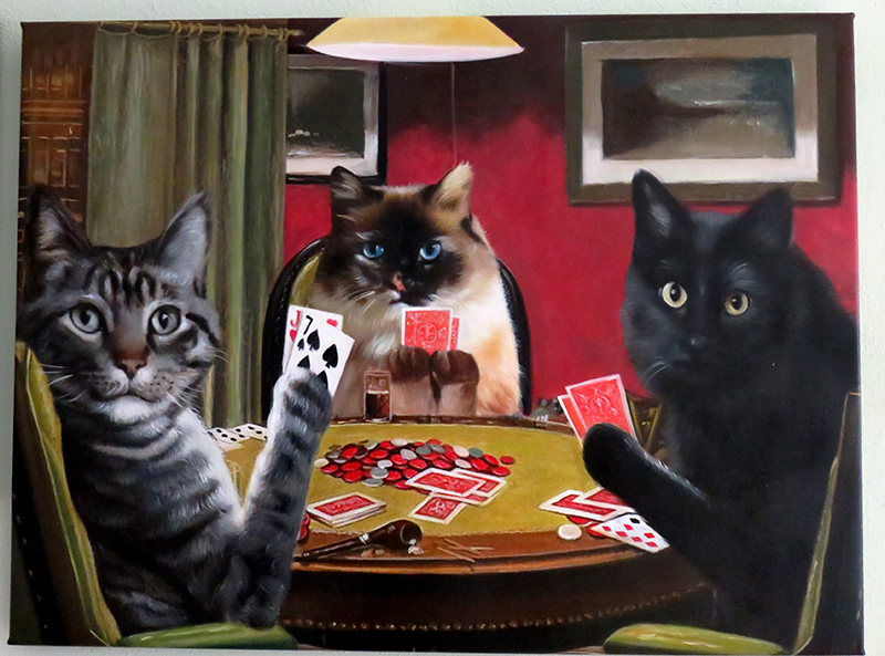 3 cats playing poker