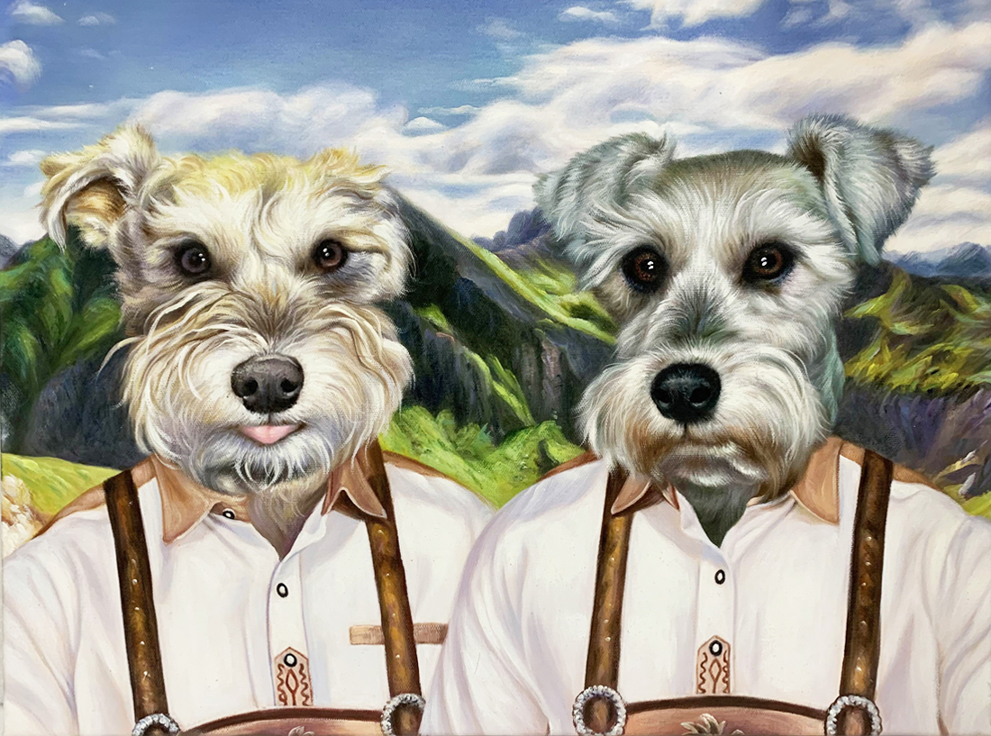 2 dogs in lederhosen portrait