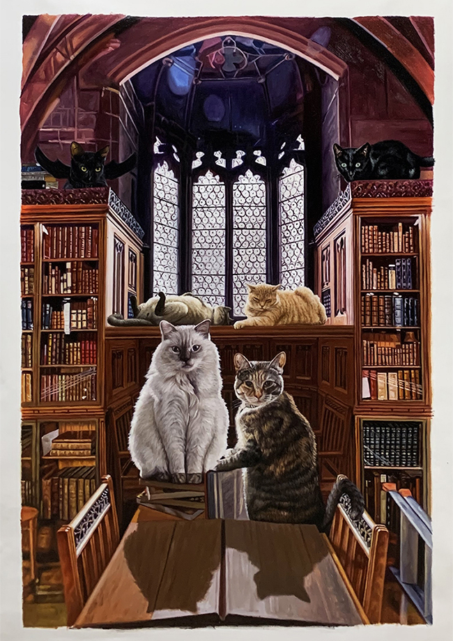 giant painting of cats in a hogwarts libraray