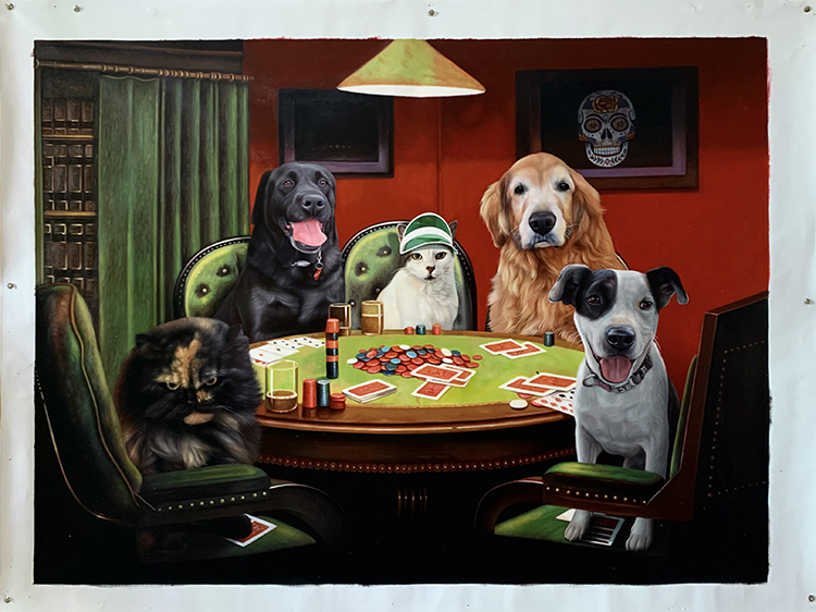 cats playing poker painting with 3 dogs