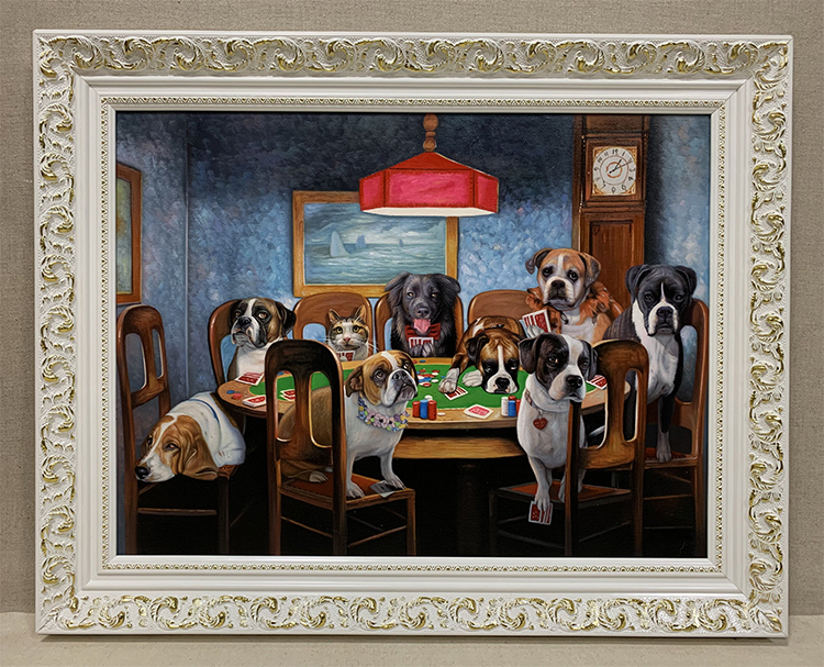 dogs playing poker with cat framed painting