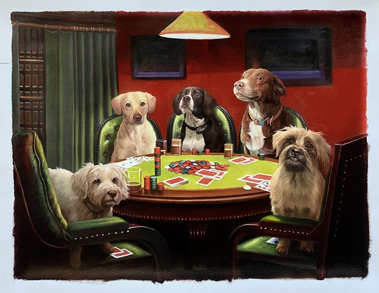 five dogs playing poker painting