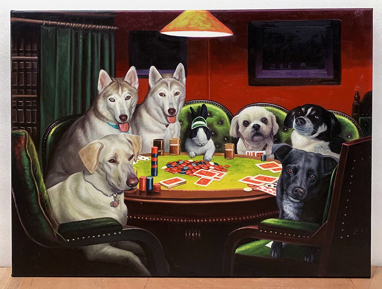 rabbit playing poker with 6 dogs portrait